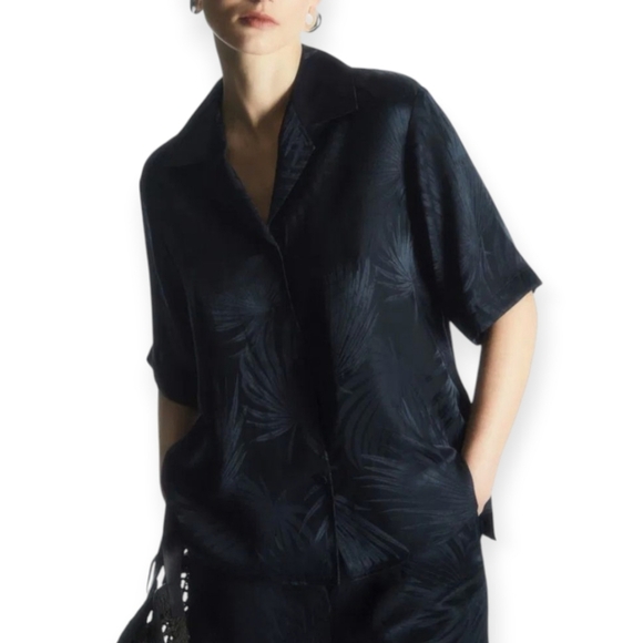 COS Tops - COS Silk Tencel Blend Jacquard Short Sleeve Button Up Navy Blue 8